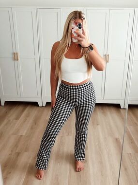 Black and white gingham print flare slit high waisted pants
